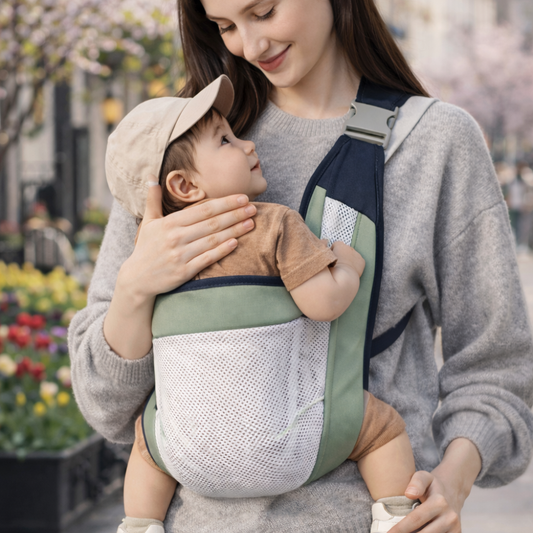 Porte bébé sling portage latéral, couleur bleu, matière polyester, en ville, pour le quotidien