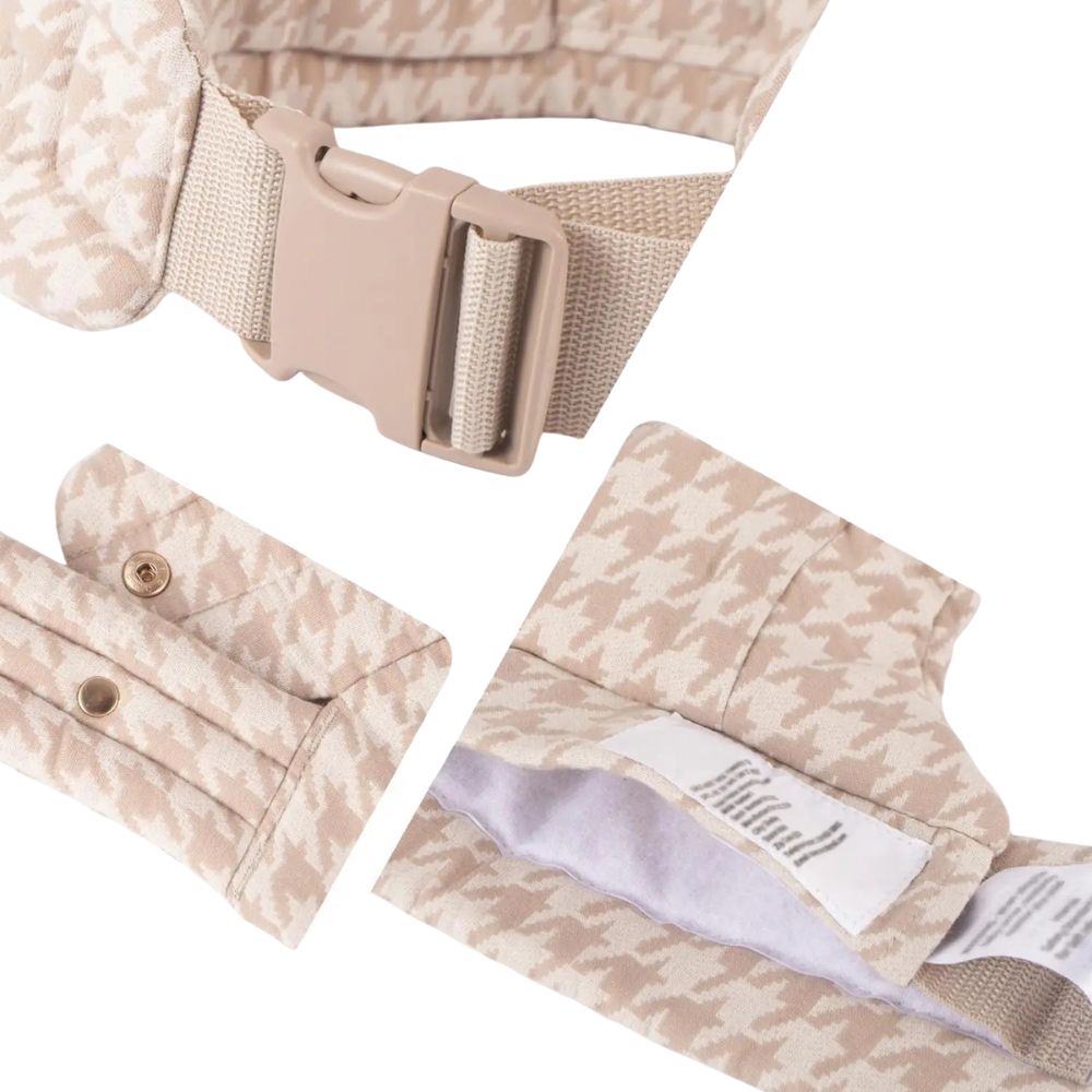 porte-bébé ergonomique et physiologique, fermeture sécurisée, sangle ajustable, coton doux, boutons pressions, coloris beige, motif pied de poule