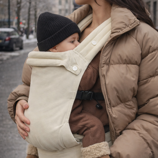 Porte-bébé kangourou physiologique et ergonomique beige, maman porte son bébé, position en M, en ville l'automne