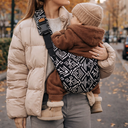 Porte-bébé style sling avec portage physio, bébé porté latéral par sa maman en ville. Motifs aztek coloris noir. Bébé en position physiologique