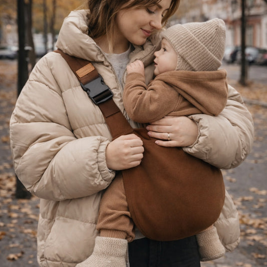 Maman tient son bébé dans un porte-bébé sling marron portage hanche, epaules et dos soulagé de la mère