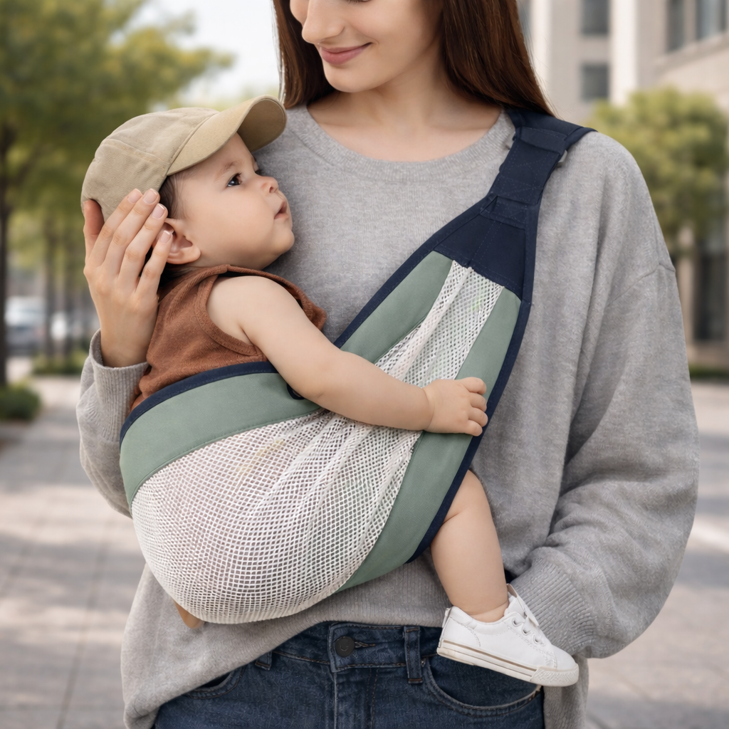Porte bébé sling portage latéral, couleur bleu, matière respirante, idéal printemps et été, maman tient son bébé apaisé