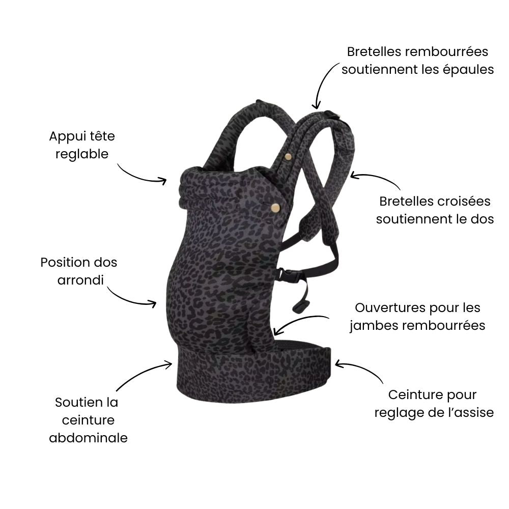 Porte-bébé physiologique motifs Léopard gris, bretelles rembourrées, soutien dos, ceinture réglable, position arrondi