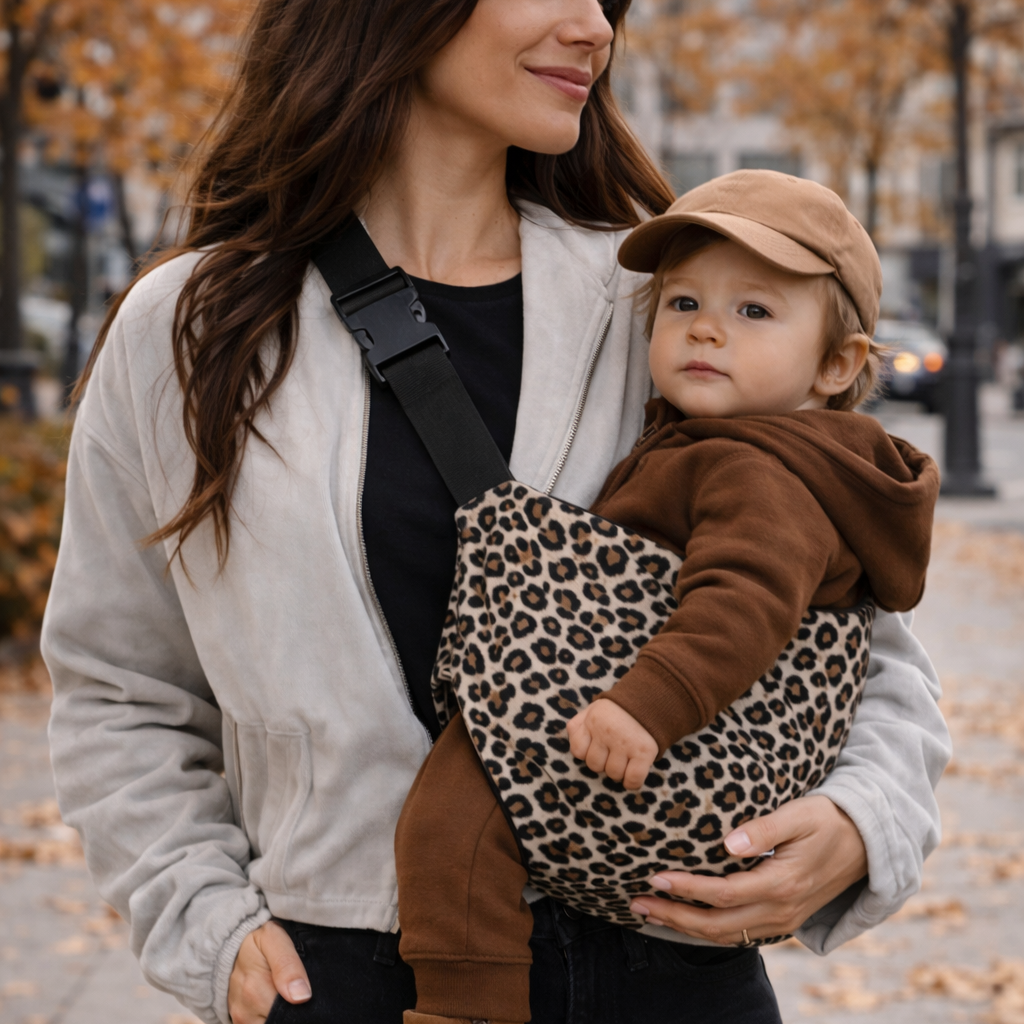 maman brune portant son enfant dans un porte bebe sling portage hanche en ville