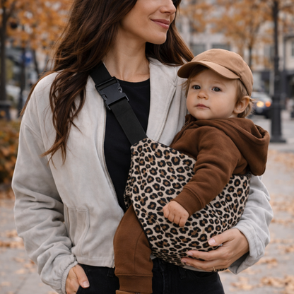 maman brune portant son enfant dans un porte bebe sling portage hanche en ville