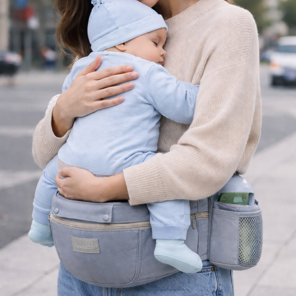 maman qui porte son enfant contre elle sur la ceinture ajustable du Porte-bébé Ergonomique Siège avec Rangement en ville 