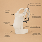 Porte-bébé kangourou physiologique et ergonomique beige présenté, vue de côté, bretelles rembourrées, soutien épaules. avec tous les bénéfices