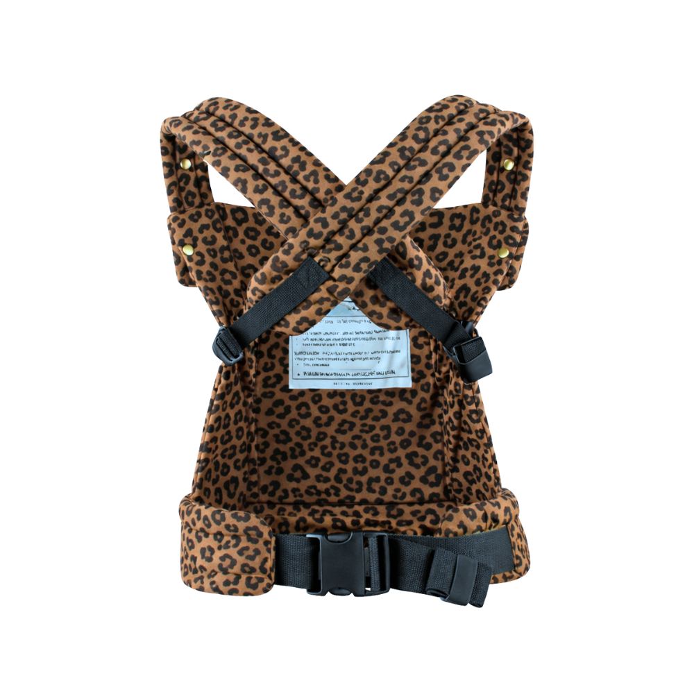 Porte-bébé physiologique motifs Léopard marron, vue arrière, appui tête, sangle ajustable, soutien abdominale et dorsale
