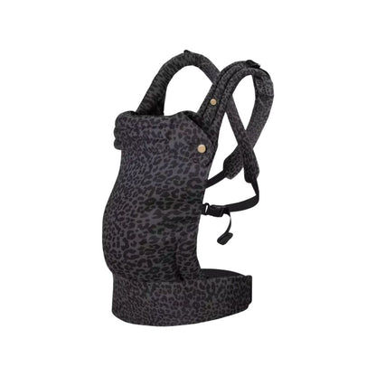 Porte-bébé physiologique motifs Léopard gris, vu de coté, coton doux, bretelles rembourrées, soutien dos, physiologique