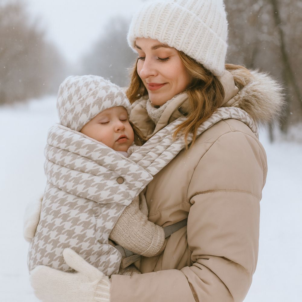 Porte-bébé kangourou physiologique pied-de-poule beige, maman porte son bébé, contre elle, bébé apaisé, foret hiver