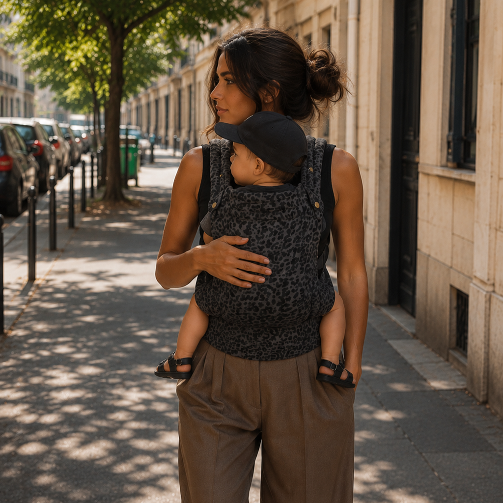 Maman brune qui porte son bébé dans un porte-bébé kangourou léopard gris dans la rue en été