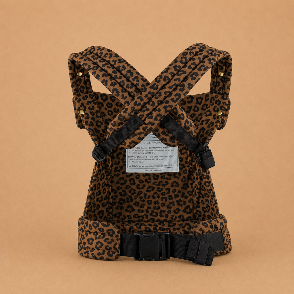 Porte-bébé physiologique motifs Léopard marron, vue arrière, appui tête, sangle ajustable, soutien abdominale et dorsale