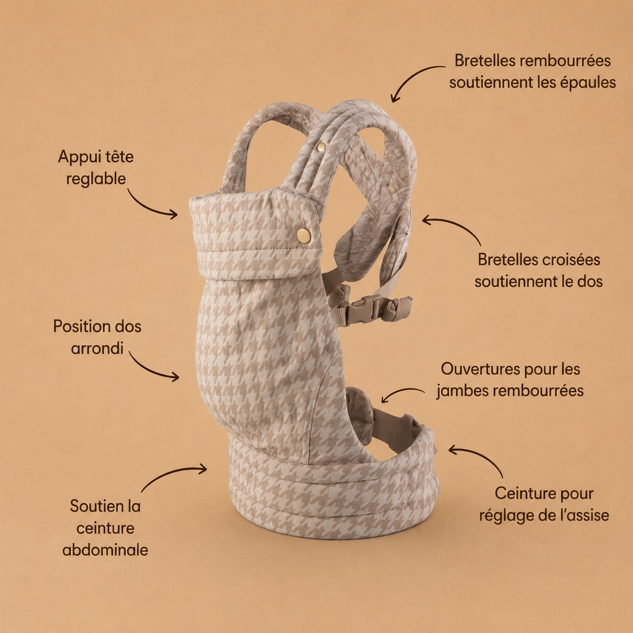 porte-bébé beige pied de poule, bretelles rembourrées, soutien épaules, ceinture réglable, vue de côté sur fond beige