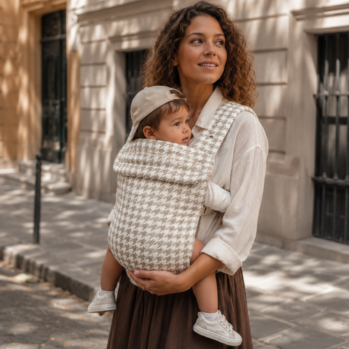 maman chatain bouclée se balade dans la rue en été avec son fils dans un porte-bébé brushhoo pied de poule, il est dans une position en M qui le soulage