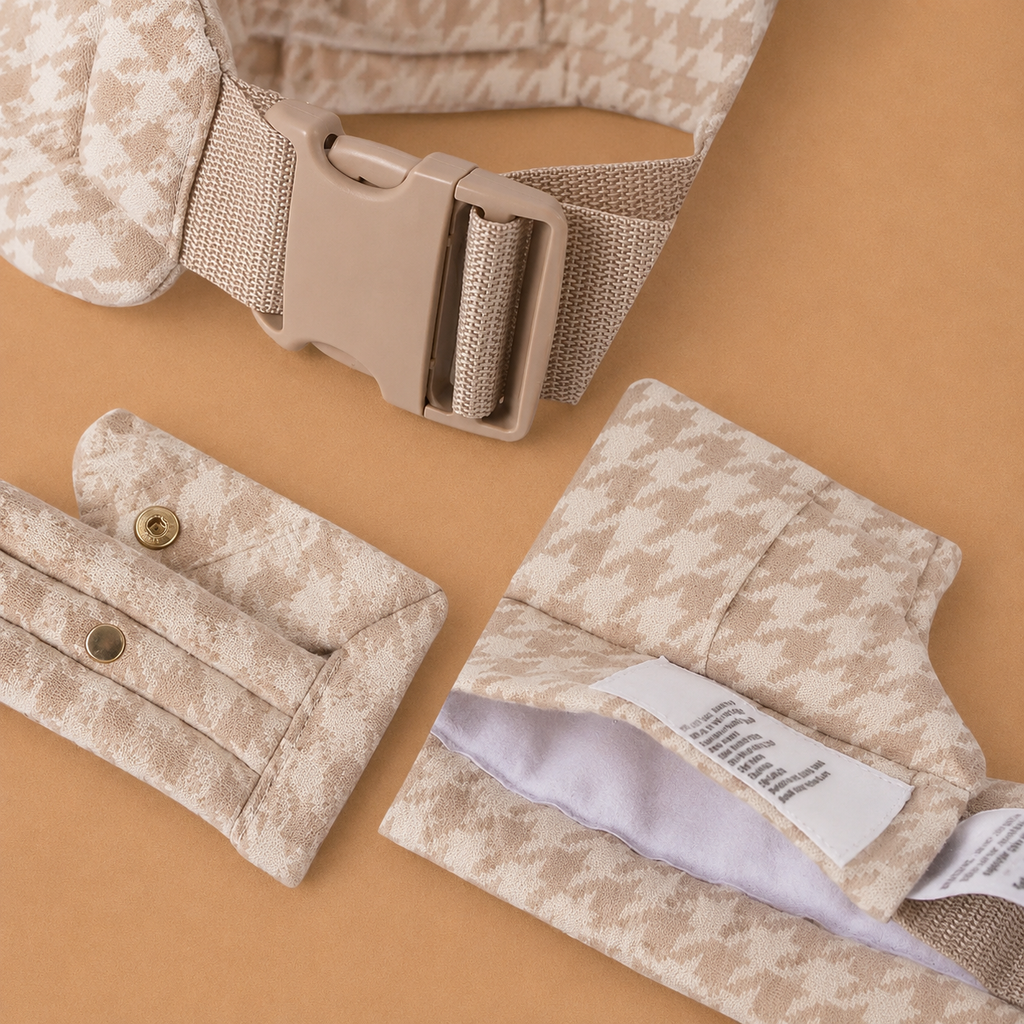 porte-bébé ergonomique et physiologique, fermeture sécurisée, sangle ajustable, coton doux, boutons pressions, coloris beige, motif pied de poule