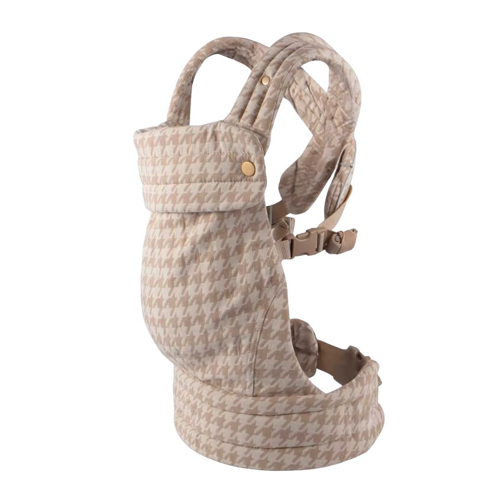 porte-bébé ergonomique et physiologique, coloris beige, motif pied de poule, apaisant, confortable et dos soulagé
