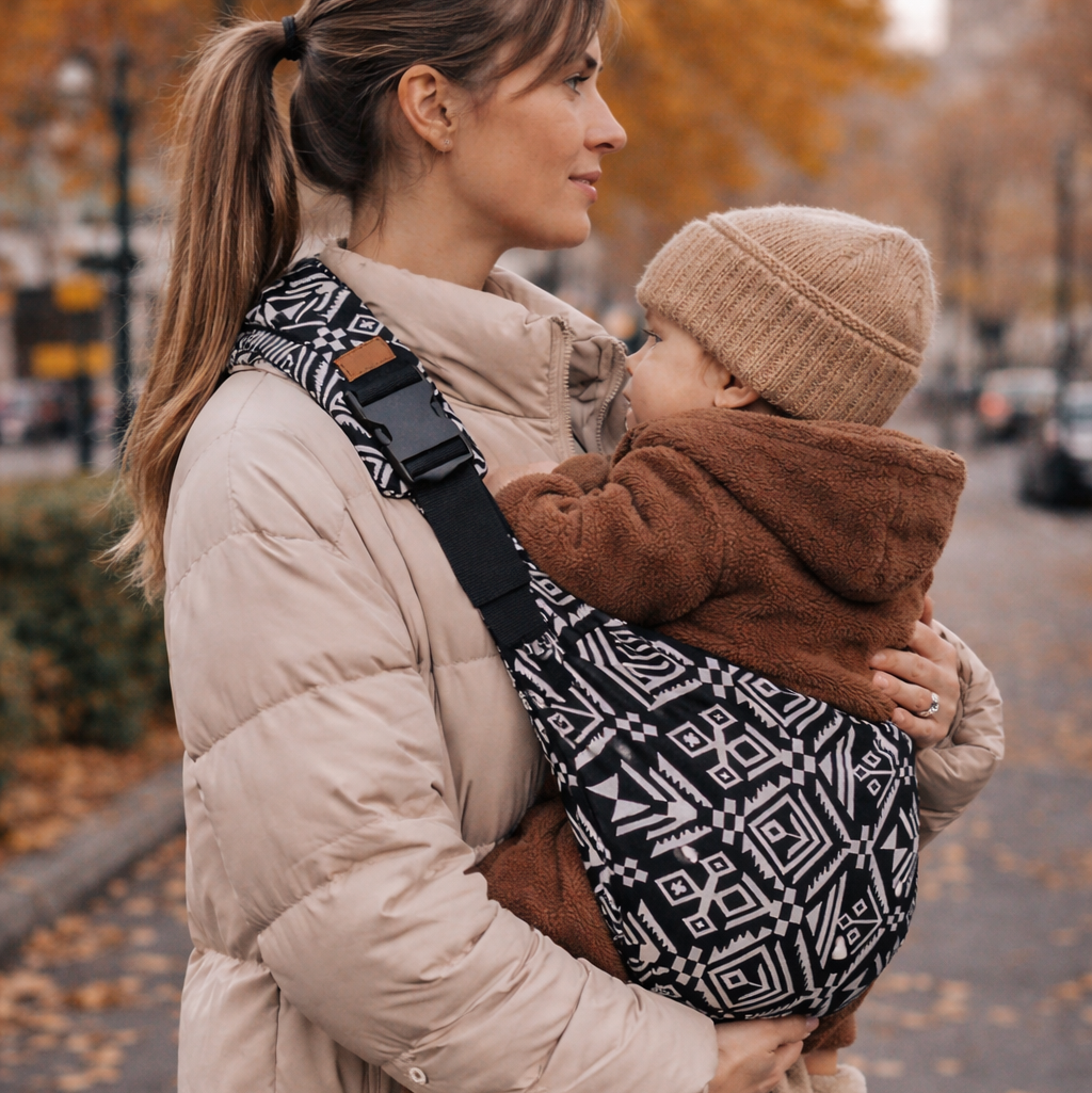 Maman blonde qui porte son enfant dans un porte bébé sling coloris aztek. Le bébé porte une combinaison cocooning marron en ville durant l'automne. Il est apaisé et respecte la position en M
