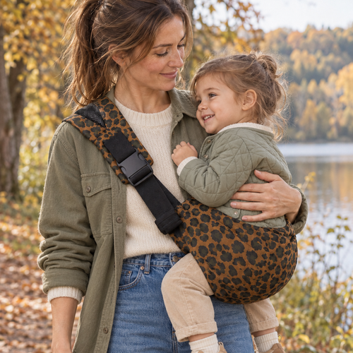 Maman chatain clar porte sa petite fille de 3 ans dans un porte-bébé sling leopard  lors d'une promenade