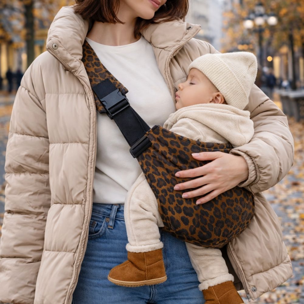Maman qui tient son bébé dans un porte bébé coloris léopard latte. Bébé est apaisé dans un environnement ville automne