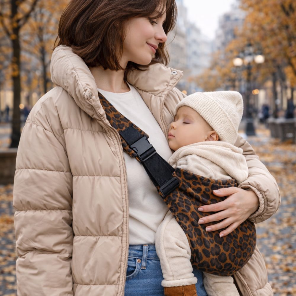 Maman qui tient son bébé dans un porte bébé coloris léopard café. Bébé est apaisé en ville automne hiver