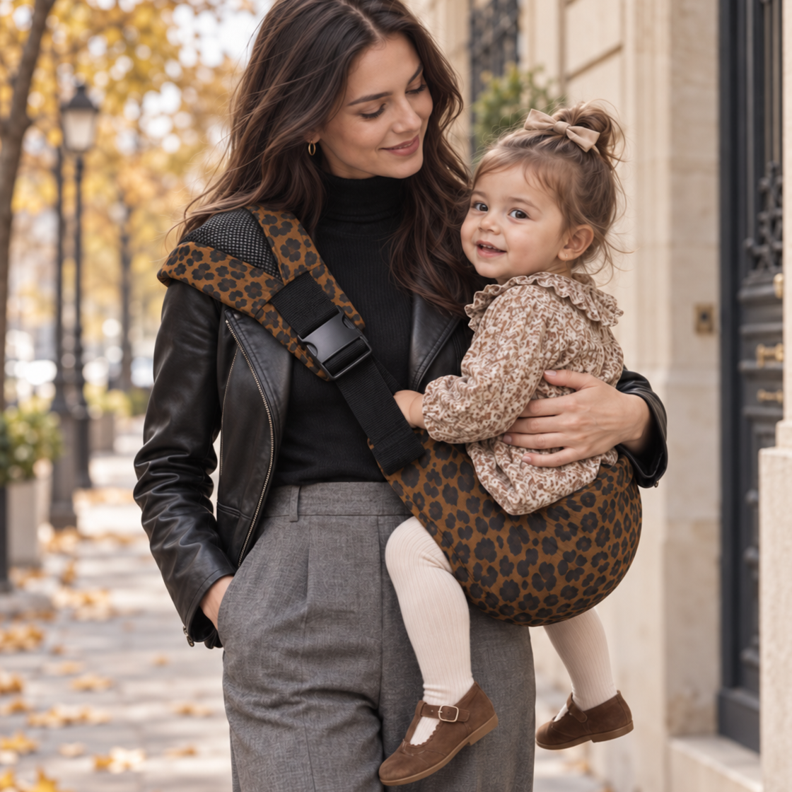 Maman brune qui porte son bébé dans un porte bébé hanche. Sa petite fille est apaisée dans le sling leopard café