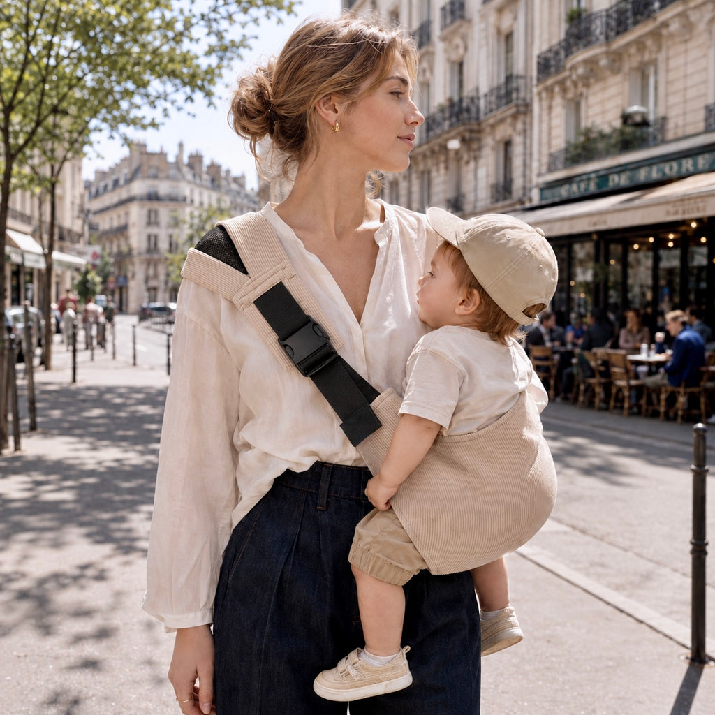 Maman chatain clair porte son bébé dans un sling portage hanche beige en velours côtélé. C'est tellement pratique