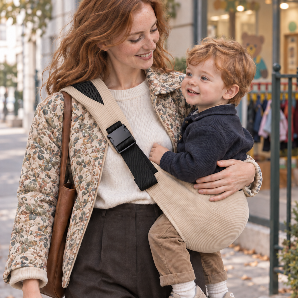 Maman rousse qui porte son bébé dans un porte bébé portage hanche beige. L'enfant est apaisé avant d'aller à l'école