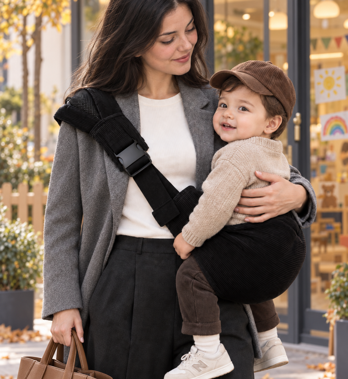 Maman aux cheveux noirs qui ramène son bébé à la crèche dans un porte-bébé sling en velours côtelé noir