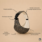 Porte-bébé sling léopard beige ecru brushhoo vue de côté avec tous les bénéfices