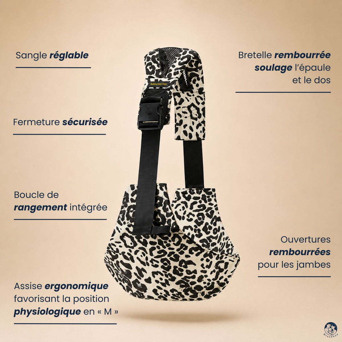 Porte-bébé sling léopard ecru vue de côté sur un fond beige nuancier. Avec les caractéristiques et bienfaits du sling