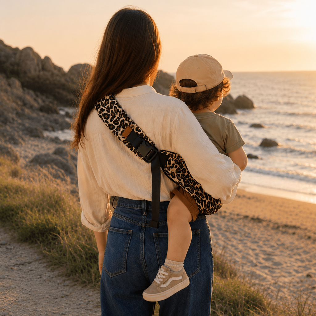 Maman brune porte son bébé dans un porte bébé sling couleur léopard beige à la mer sur une plage bretonne, vue de dos
