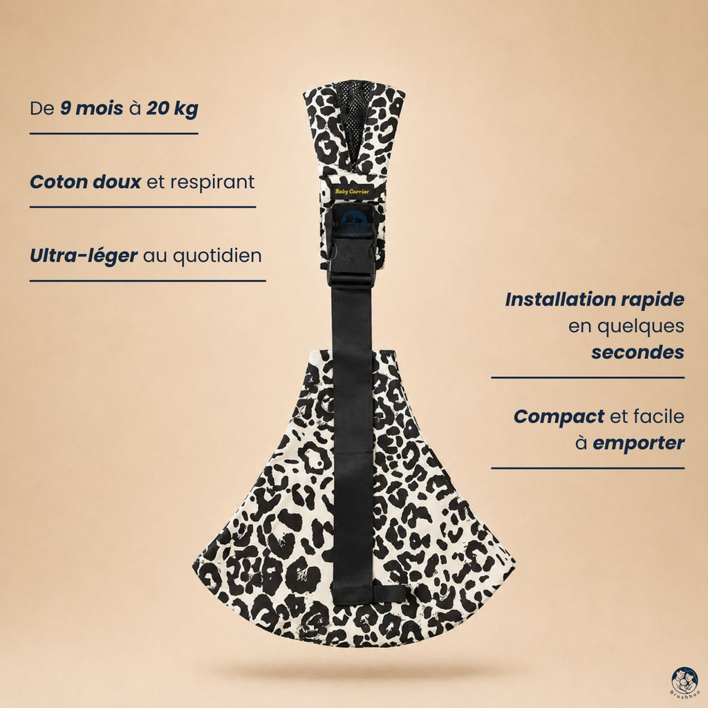 Porte-bébé sling léopard ecru vue de face sur un fond beige nuancier avec les bienfaits du porte-bébé hanche