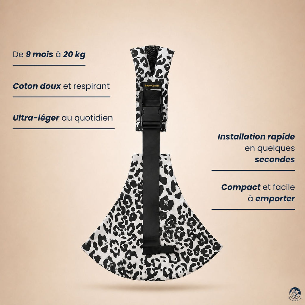 Porte-bébé sling léopard ecru neige vue de face sur un fond beige nuancier avec les bienfaits du porte-bébé hanche