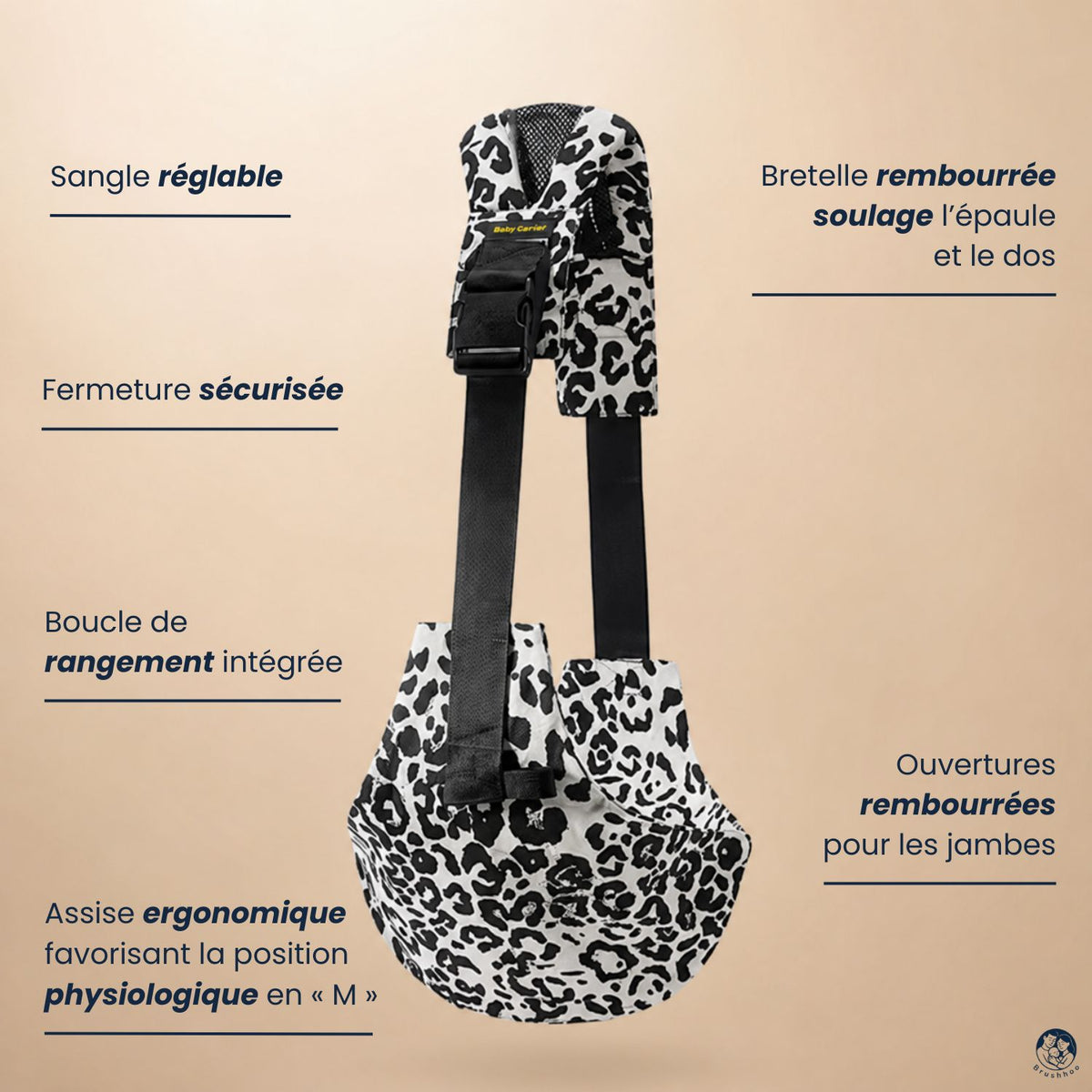 Porte-bébé sling léopard ecru neige vue de côté sur un fond beige nuancier. Avec les caractéristiques et bienfaits du sling