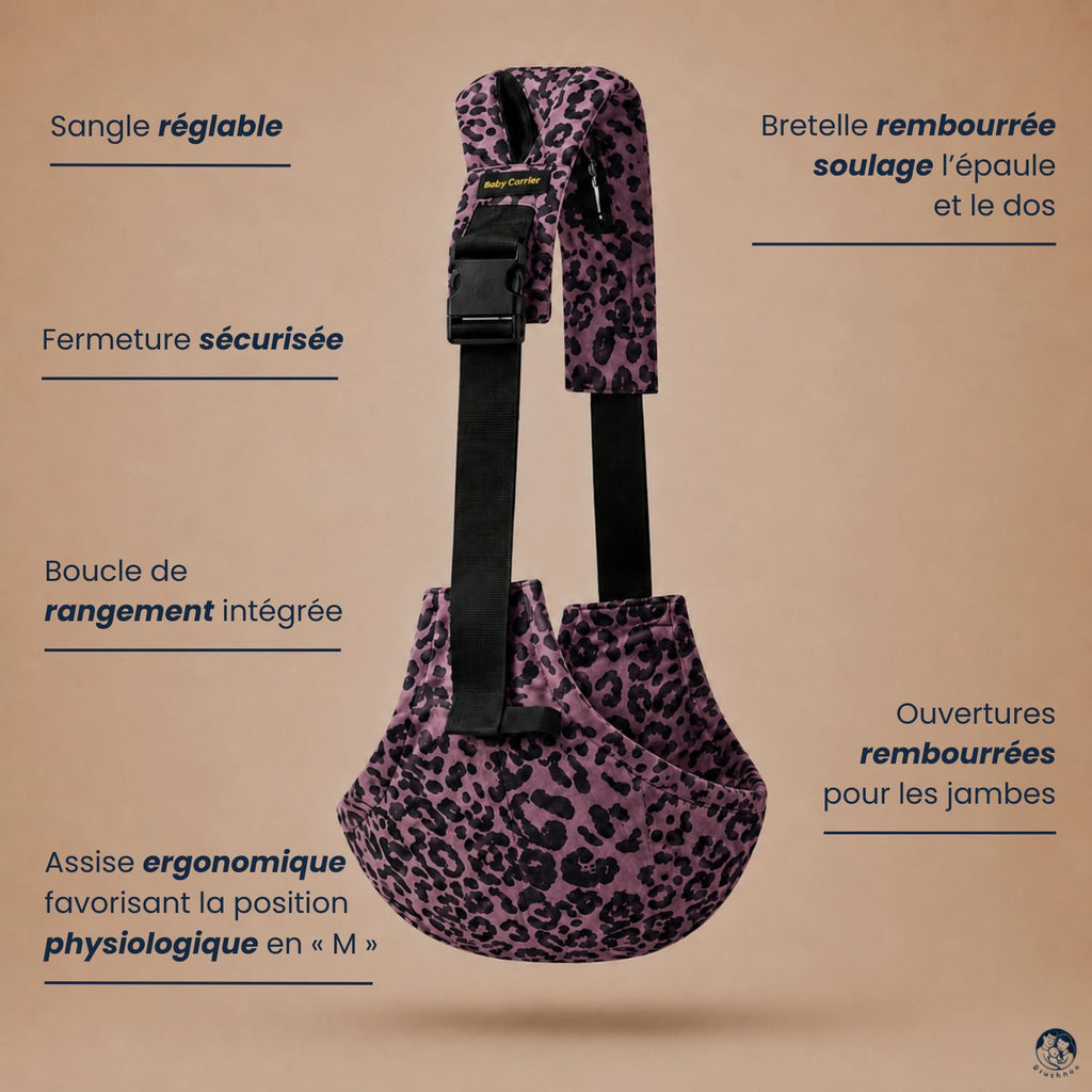 Vue du porte bébé sling léopard moka sur un fond beige nuancier avec toutes les fonctions du sling brushhoo et les bienfaits