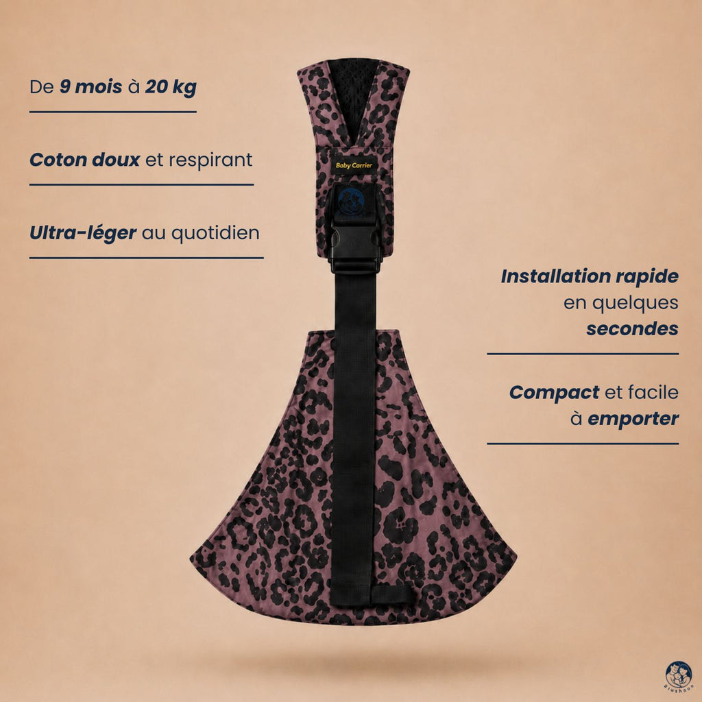 Vue du porte bébé sling léopard moka de face sur un fond beige nuancier avec ses bienfaits