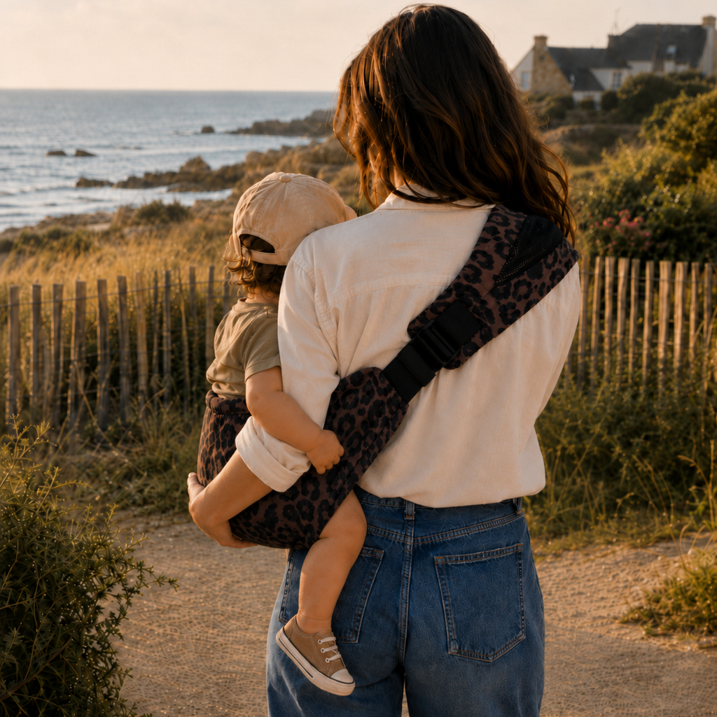 Maman brune qui se balade sur la plage avec son bébé dans les bras. Il est dans un porte-bébé sling léopard moka, apaisé et souriant. Vue de dos pour voir le sling