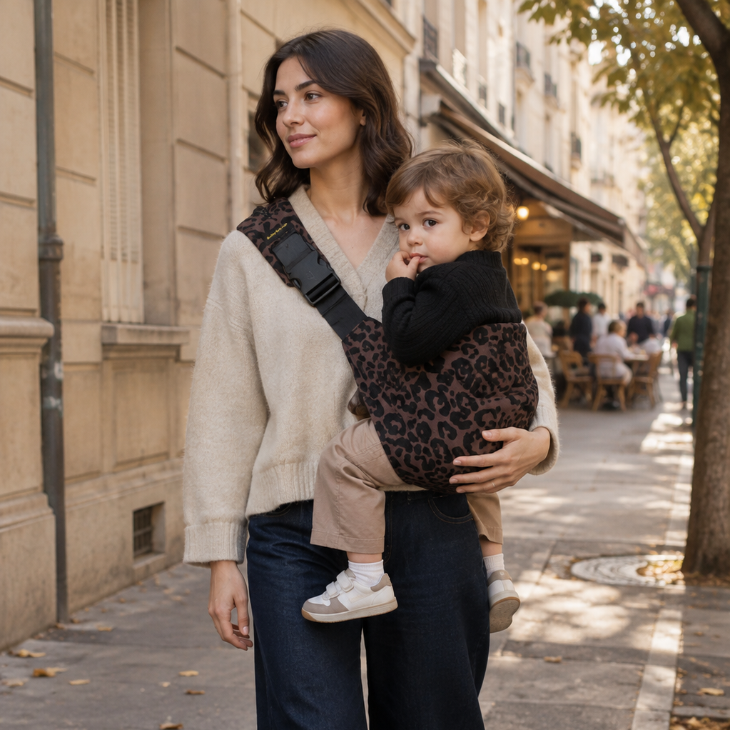 Maman brune qui porte son enfant avant d'aller à l'école. Il est apaisé dans les bras de sa mère.