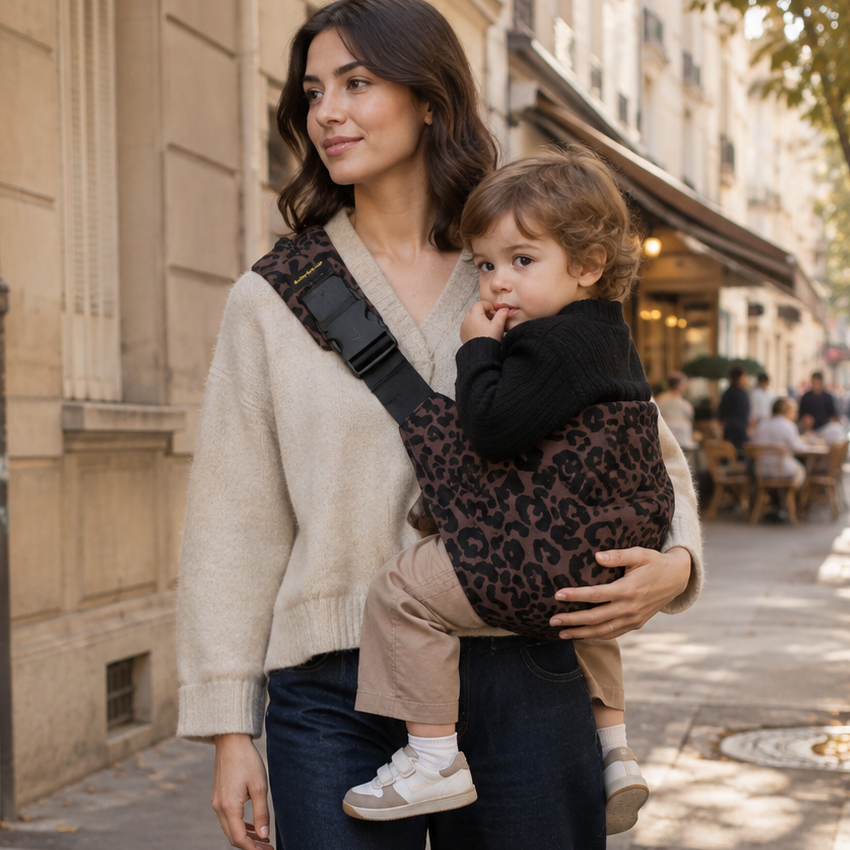 Maman brune qui porte son bébé dans le sling léopard. Il est prêt pur faire sa rentrée et bien reposé.