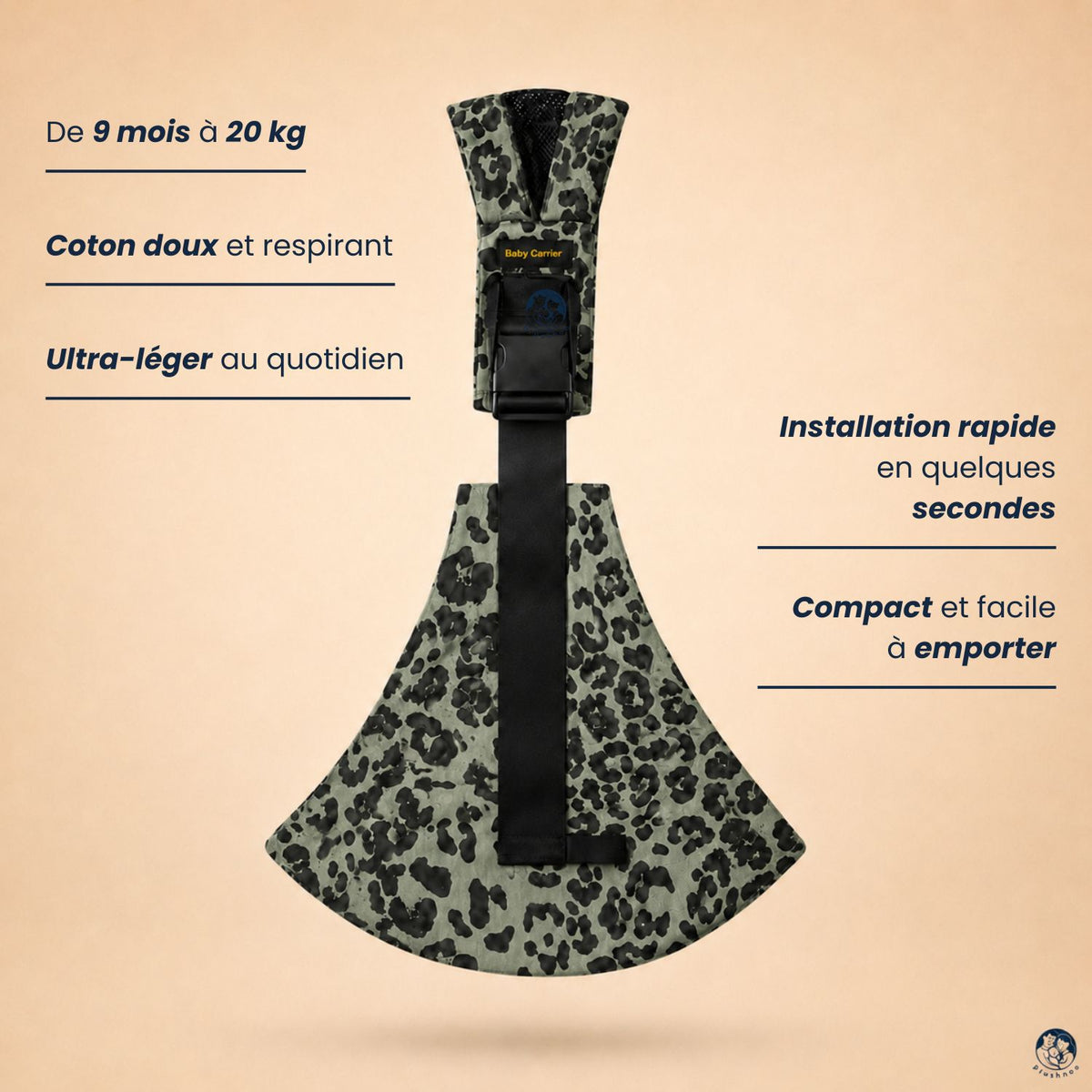 Porte-bébé sling léopard olive vue de face. Sur un fond beige nuancier avec les bienfaits du sling