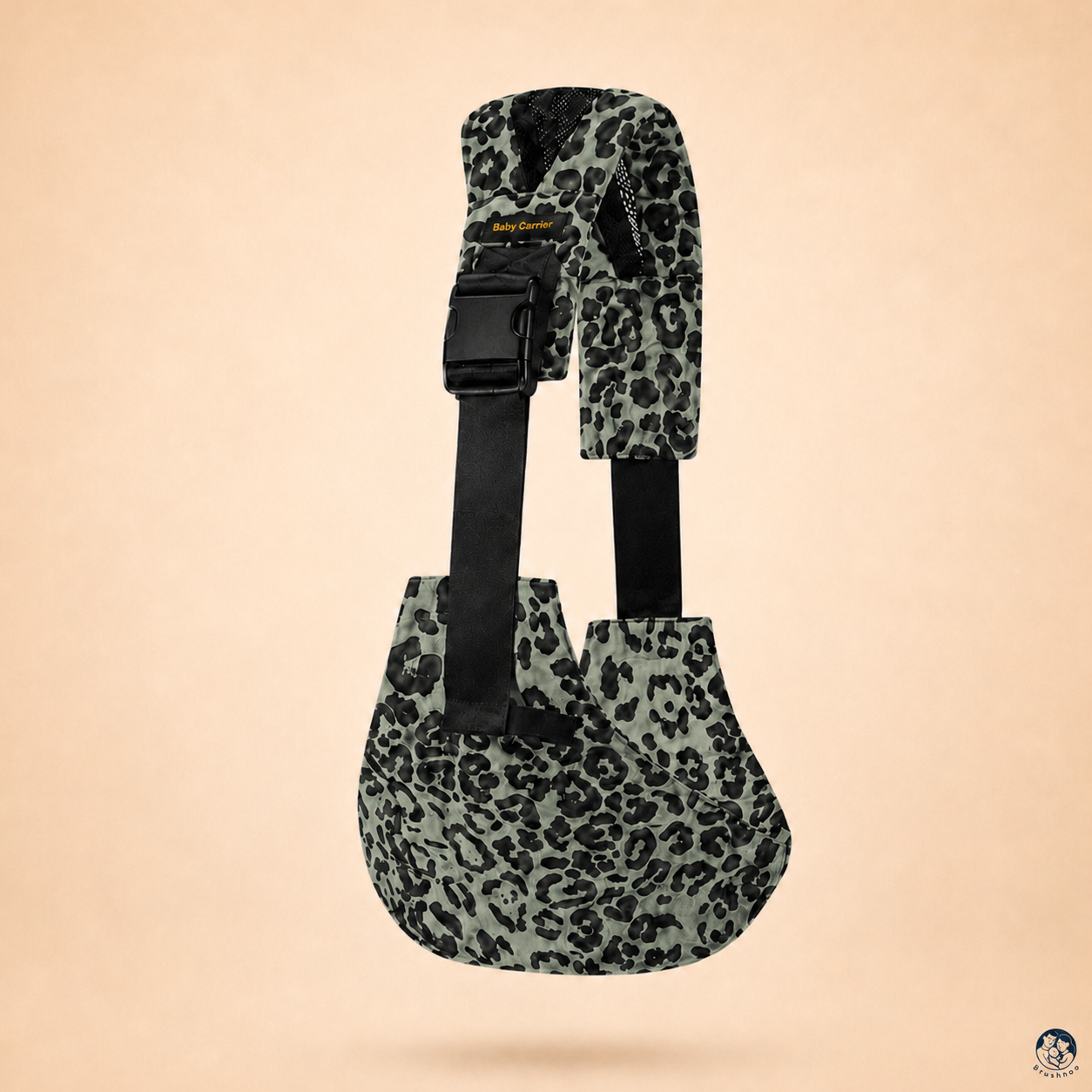 Porte-bébé sling léopard olive vue de coté sur un fond beige nuancier