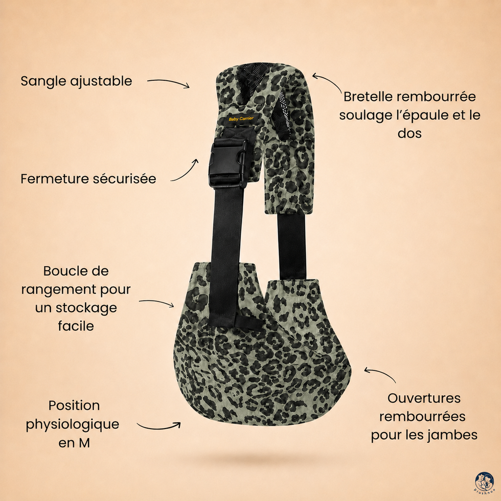 Porte-bébé Sling léopard olive sur un fond beige nuancier avec les caractéristiques et les bienfaits.