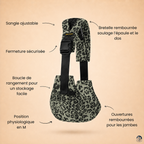 Porte-bébé Sling léopard olive sur un fond beige nuancier avec les caractéristiques et les bienfaits.