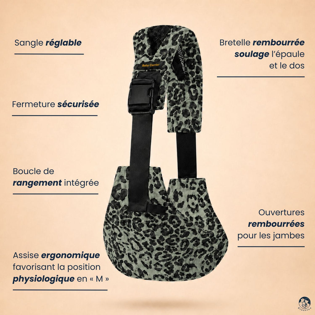 Porte-bébé Sling léopard olive sur un fond beige nuancier avec les caractéristiques et les bienfaits.