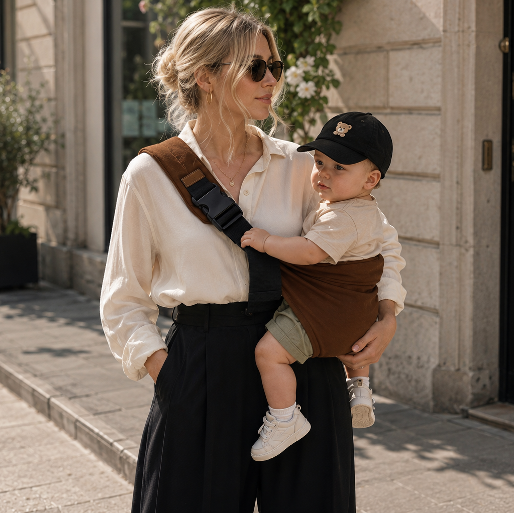 Maman blonde avec des lunettes porte son bébé dans un porte bébé sling brushhoo coloris marron