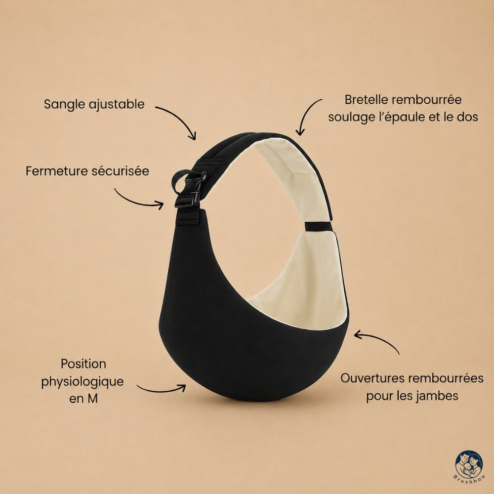 Porte-bébé sling noir marque brushhoo vue de côté avec tous les bénéfices
