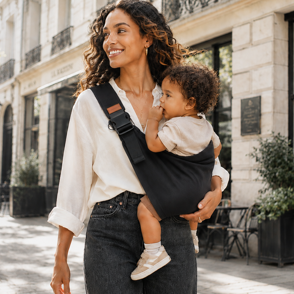 Femme métisse tient son bébé avec un porte bébé noir, dans la rue durant le printemps été