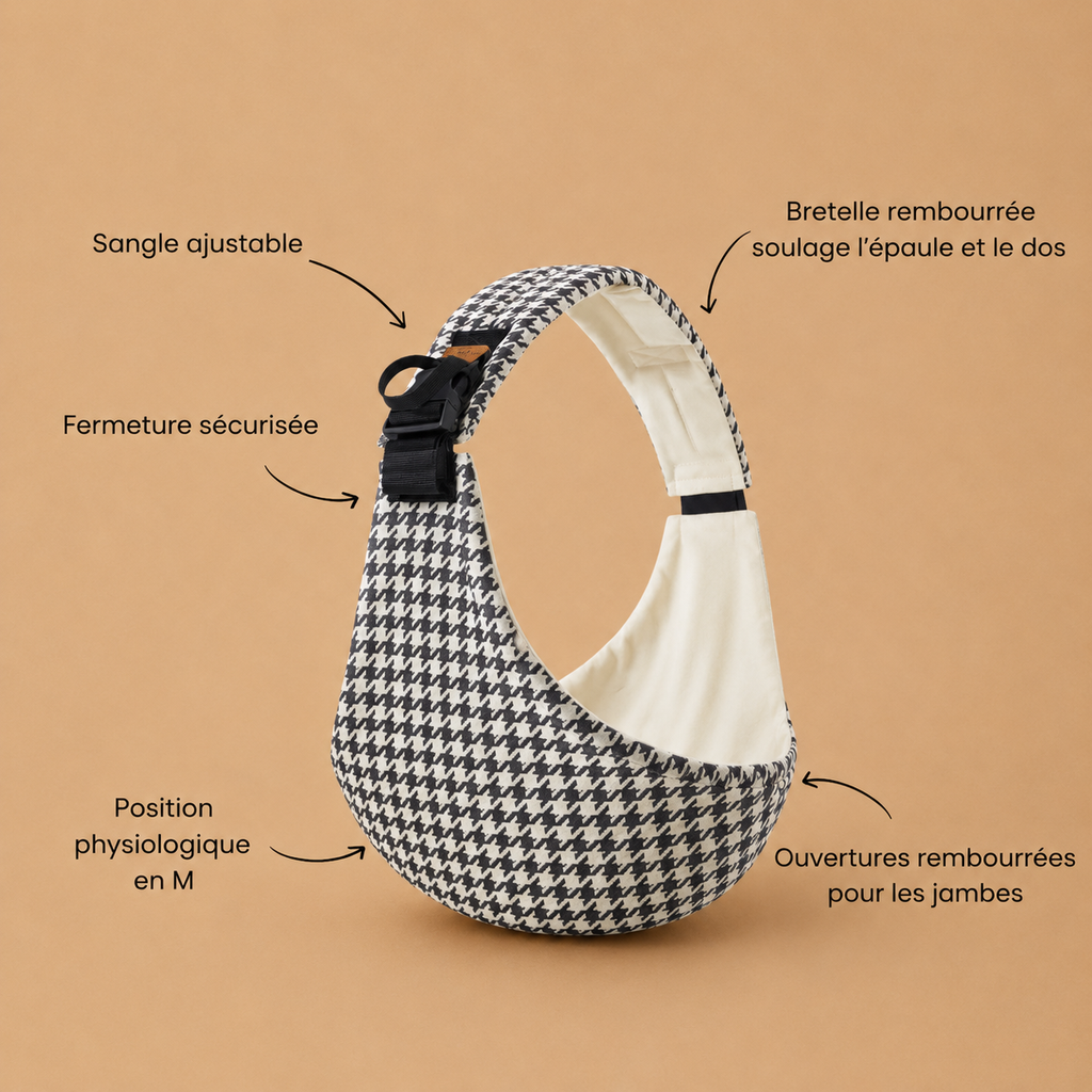 Porte-bébé sling pied-de-poule noir et blanc marque brushhoo vue de côté avec tous les bénéfices