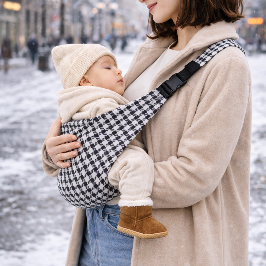 Maman brune qui porte son bébé dans un sling pied-de-poule noir et blanc en pleine ville en hiver
