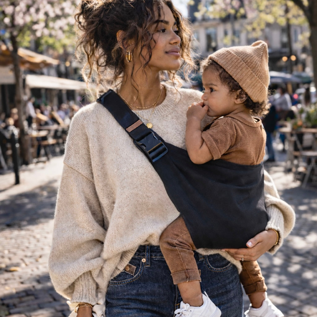 Maman metisse qui tient son enfant dans un porte bébé sling noir à portage latéral, en ville au printemps